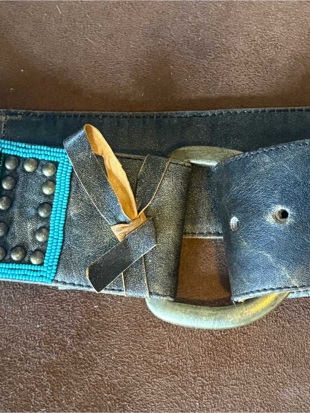 Double D Ranch Leather Waist Belt with Turquoise Bead Trim
